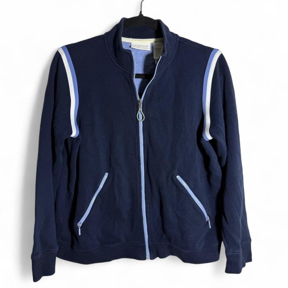 Liz Claiborne size petite medium navy blue zip up sweatshirt with white accents